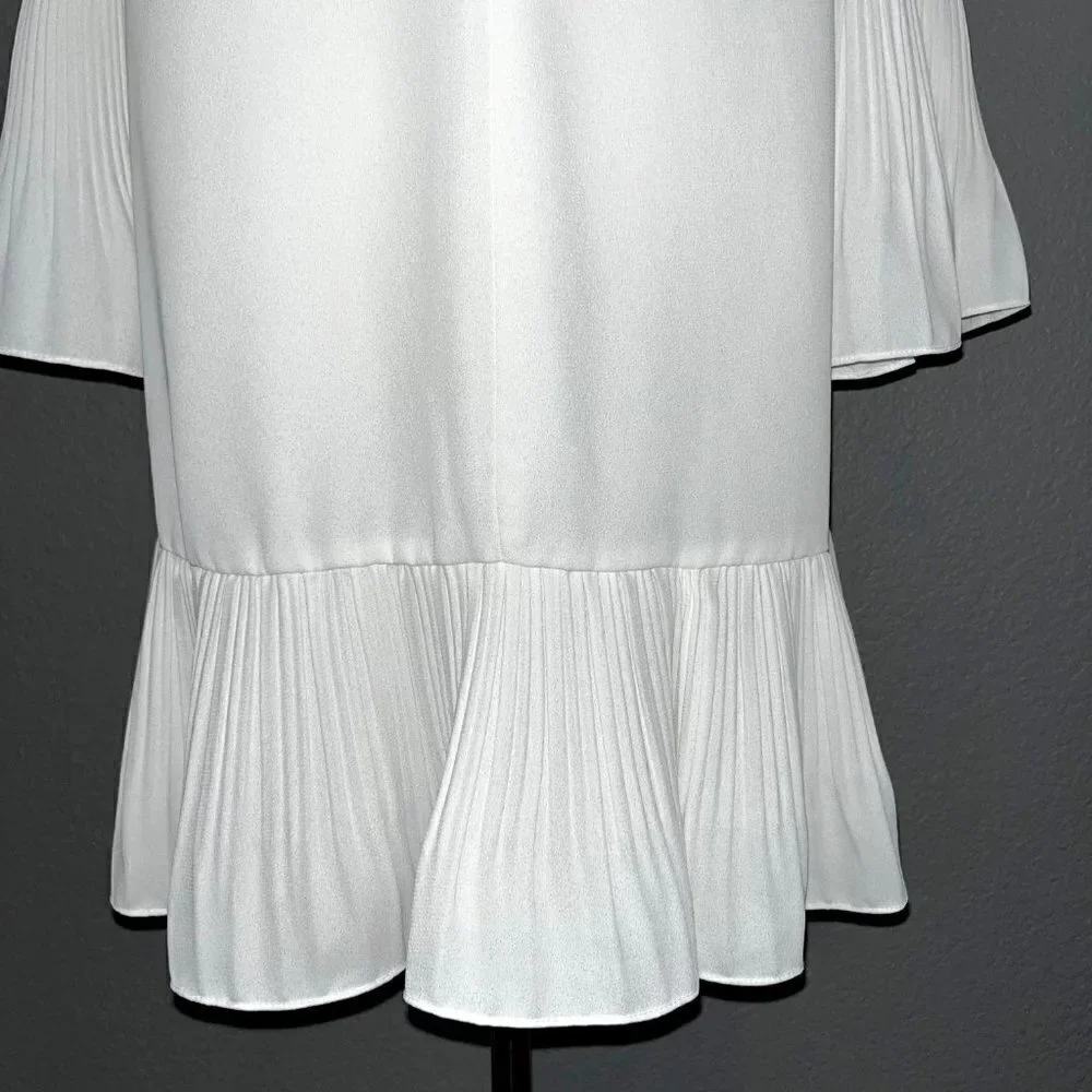HAILEY Multi Layer Pleated Ruffle Long Sleeve White Crepe Chandelier Dress EUC M - Picture 8 of 10